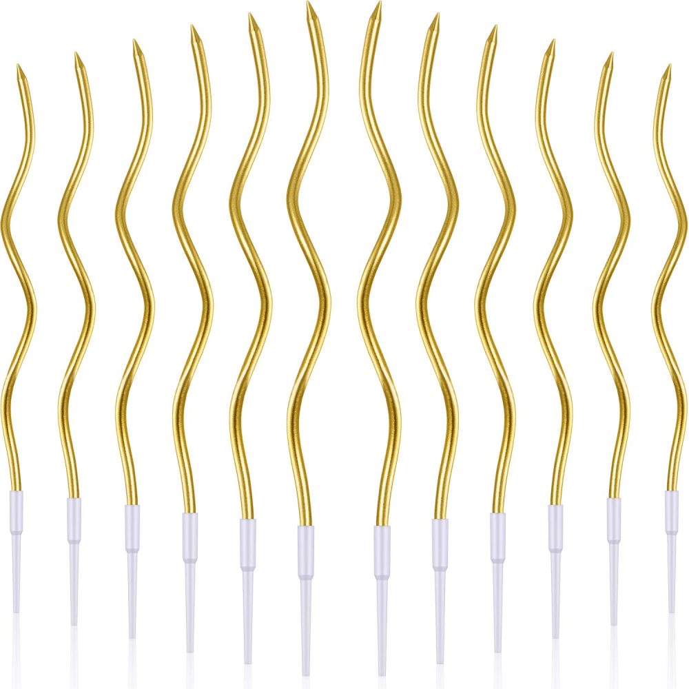12 Pieces Twisty Birthday Candles Spiral Cake Candles Metallic Cake Cupcake Candles Long Thin Coil Cake Candles with Holders for Birthday Wedding Party Cake Decorations (Gold)