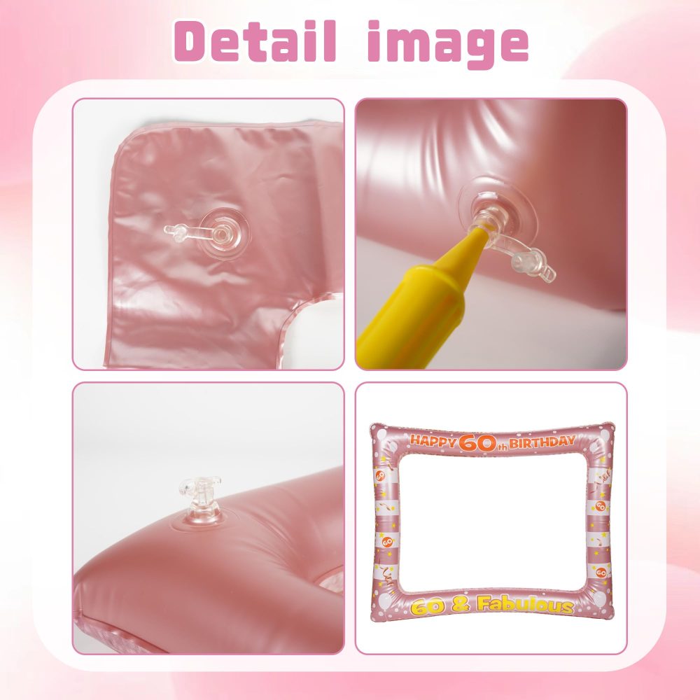 Rose Gold 60th Photo Props - 34 Pieces 60th Photo Booth Props Rose Gold Inflatable Selfie Frame 60th Birthday Photo Booth Props for Women Men 60th Birthday Party Supplies 60th Birthday Gift - Image 5