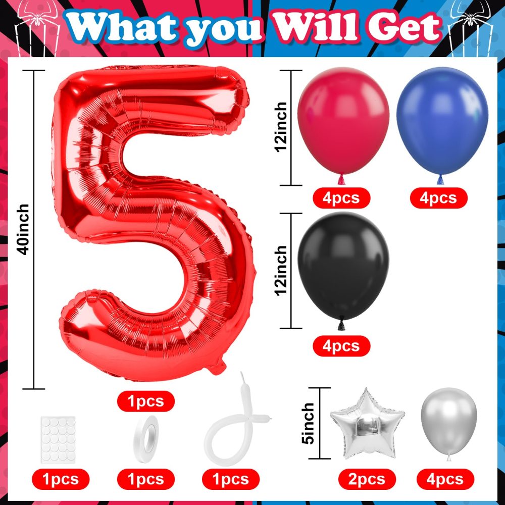 40 Inch Number 5 Balloon Red, Spider Balloon Tower with Red Blue Black Balloons and Metallic Silver Star Foil Balloons for Boys 5th Birthday Party Decor Spider Hero Theme Party Supplies - Image 7