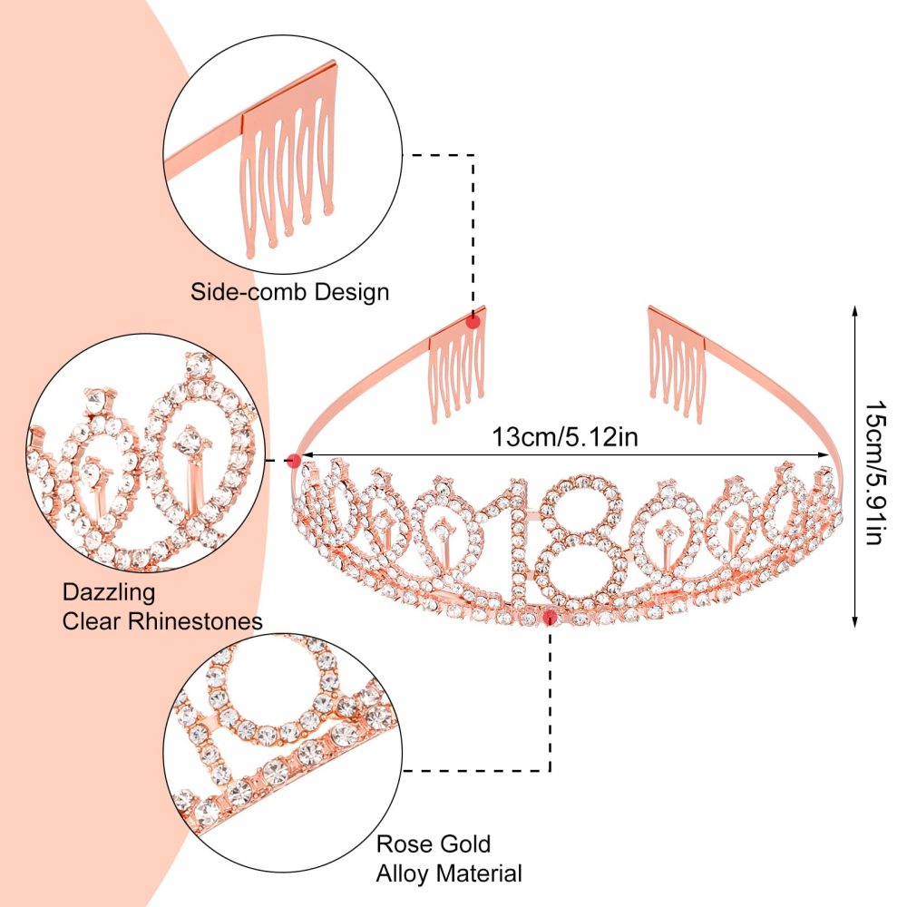 Popuppe 18th Birthday Sash and Tiara Rose Gold 18 & Fabulous Sash Rhinestone Crown Balloons Birthday Cake Topper for Girls Birthday Gift Party Decorations Supplies (Rose Black) - Image 8