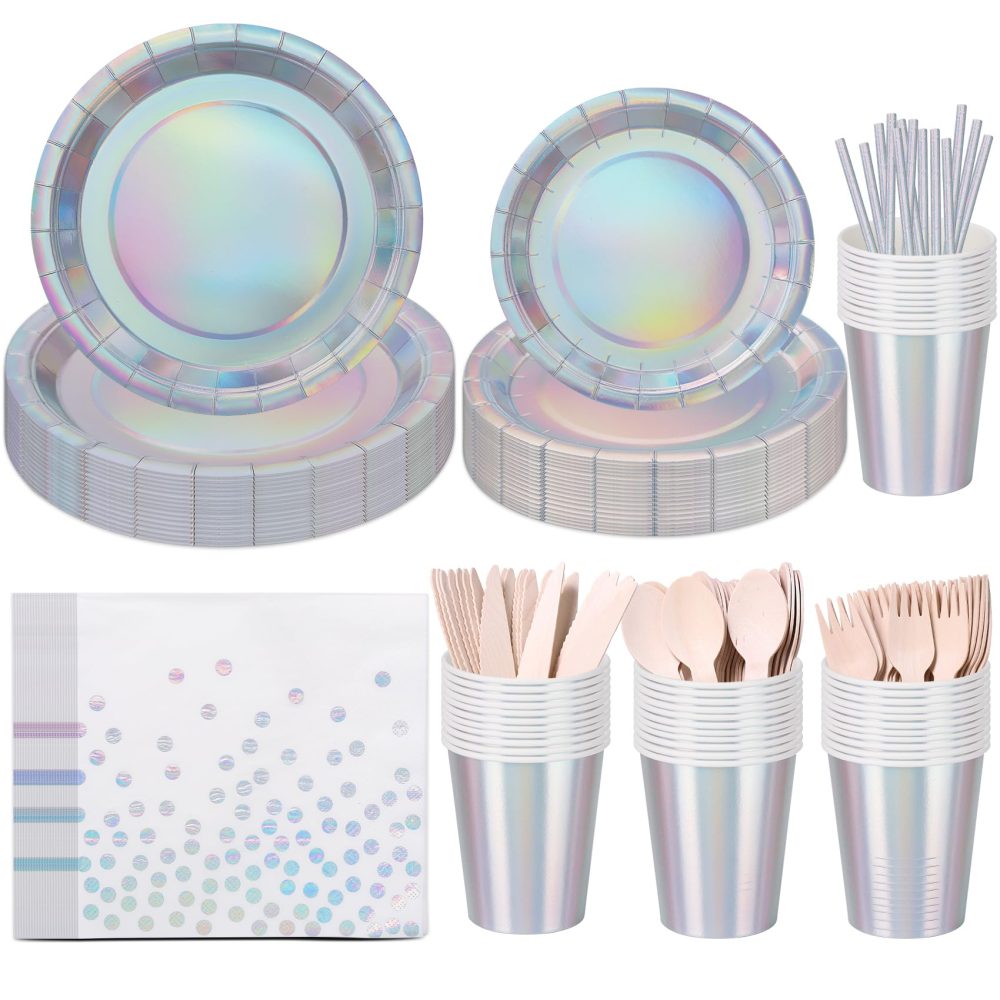 Iridescent Party Supplies Set Serve for 25 Guests, CEILIWEN 200PCS Holographic Paper Plates and Napkins Cup Set, Iridescent Party Tableware Set for Birthday Wedding Party