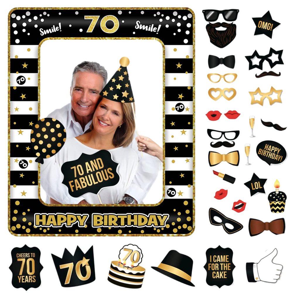 POPOYU 70th Birthday Decorations Men Women,Black Gold Inflatable Selfie Frame&34Pcs 70th Birthday Photo Booth Props,Giant Inflatable Party Photo Booth Frame for 70th Birthday Party Decoration