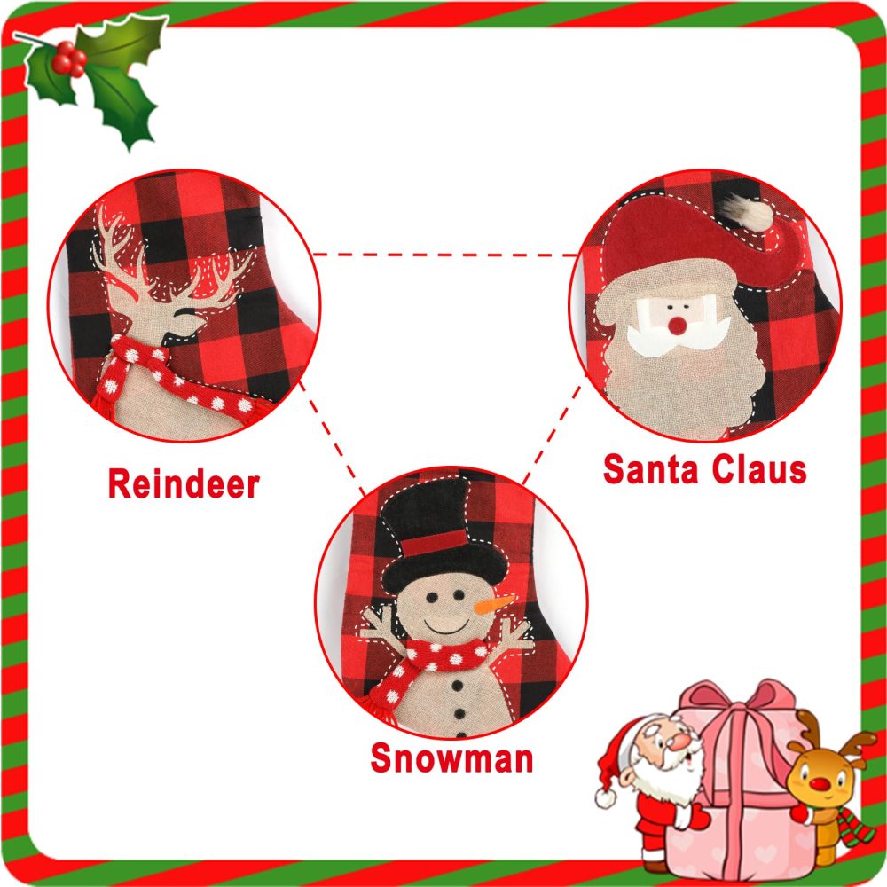 GUDELAK Christmas Stocking Set of 3, 46CM Large Christmas Stockings,18 inch Buffalo Plaid Xmas Stockings with Snowman,Reindeer,Santa Claus Patterns Fireplace Christmas Decorations - Image 5