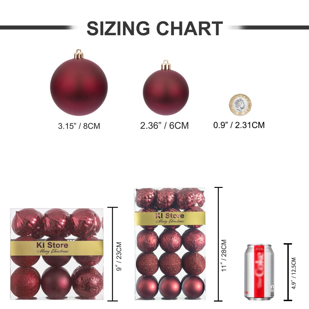 KI Store Burgundy Christmas Baubles 80mm Christmas Tree Decoration Ornaments 18pcs Shatterproof Balls for Xmas Hanging Decorations Festival Holiday Decor - Image 2