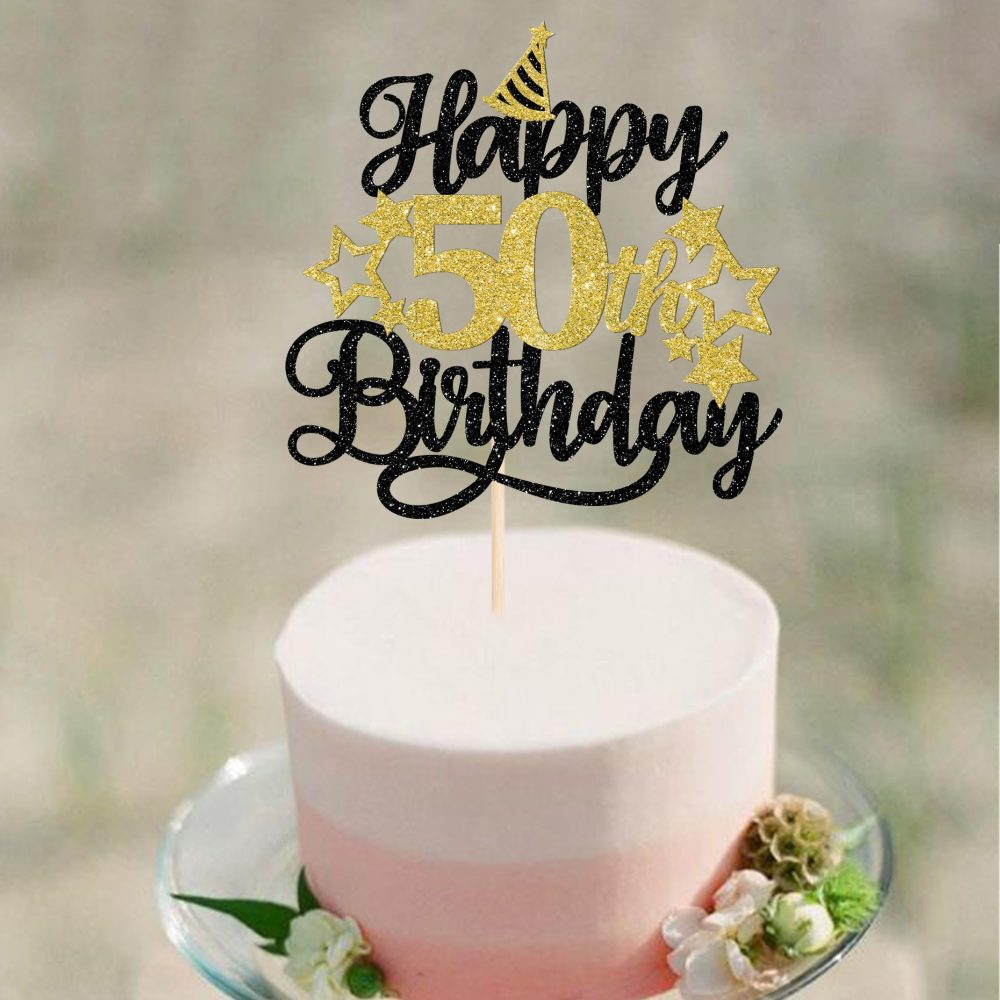 Xsstarmi 1 Pack Happy 50th Birthday Cake Topper Star Hat Glitter Cheers to 50 Years Birthday Cake Pick 50 Fabulous Cake Decorations for Happy 50th Birthday Anniversary Party Supplies Black Gold - Image 4