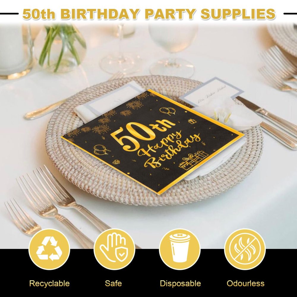 ZOCONE 60 Pcs 50th Birthday Napkins Black and Gold 50th Birthday Table Decorations for Men Women Disposable 50th Birthday Party Napkins Happy 50th Birthday Party Supplies Table Decor(50th, 60PCS) - Image 4