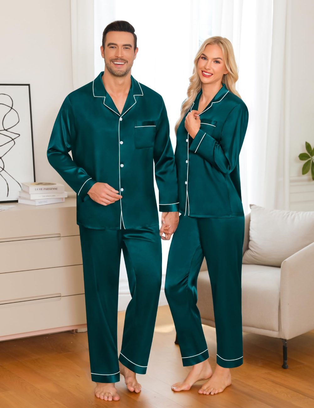 SWOMOG Mens Matching Pyjamas Set Silk Satin Button Down Sleepwear Long Sleeve Nightwear 2 Pcs Pj Set Men Green XX-Large - Image 3