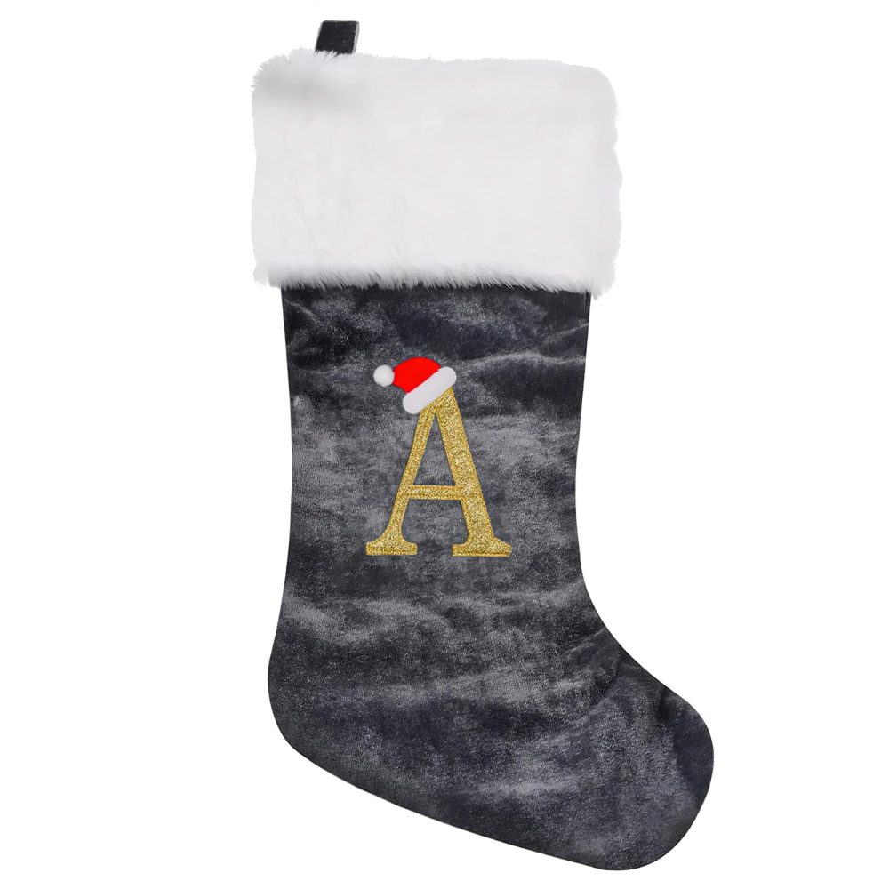 Personalized Xmas Stockings 45cm Large Initial Monogram Embroidered Letter Christmas Stocking Grey Velvet Classic Christmas Stockings Xmas Holiday Decor Tree Decoration for Kids & Adults Gift (A)