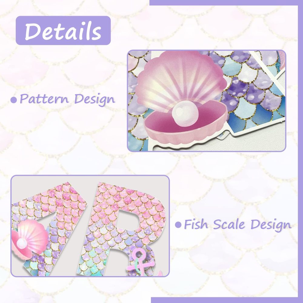 Mermaid Happy Birthday Banner, Birthday Party Decorations for Girls, Mermaid Theme Birthday Party Supplies for Home Table Outdoor - Image 3