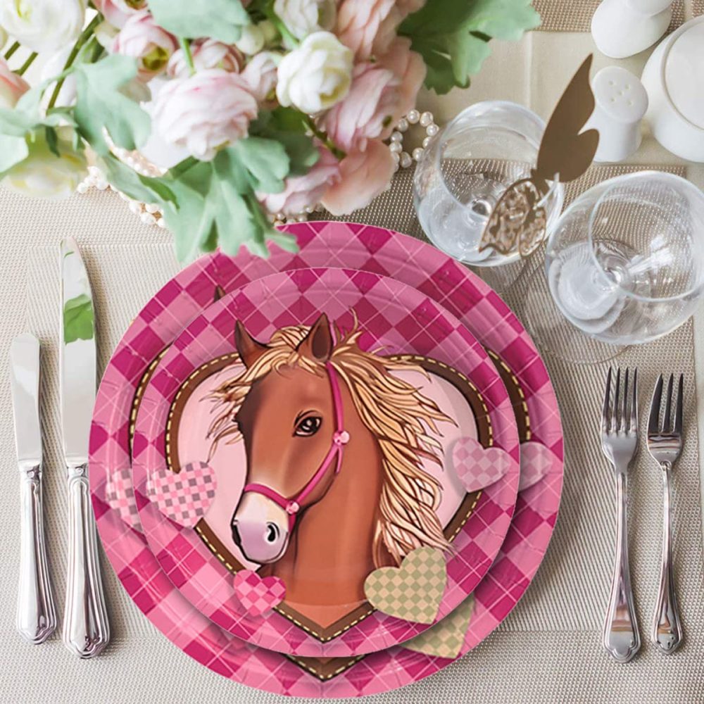 Horse Party Decorations 64 Pcs Horse Tableware Set Party Reusable Tableware Plates Paper Cups Napkins for Girls Kids Birthday Dinner Dessert Baby Shower Pink - Image 4