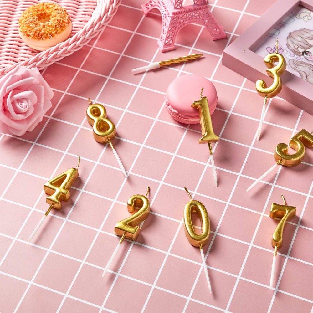 BBTO 10 Pieces Birthday Cake Numeral Candles Number 0-9 Glitter Cake Topper Decoration and 10 Pieces Spiral Cake Candles with Holders for Birthday Wedding Cake Decorations, Total 20 Pieces (Gold) - Image 2