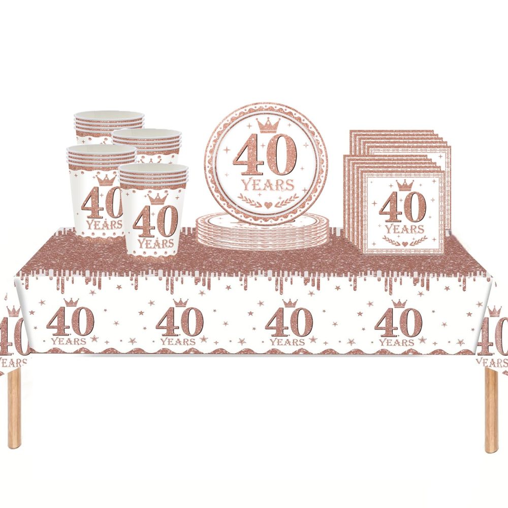53Pcs Rose Gold 40th Birthday Party Tableware Decorations,40th Birthday Table Cloth Plates and Napkins Cups Sets for Her Women Birthday Table Decorations for 40th Birthday Gifts Dinnerware Supplies
