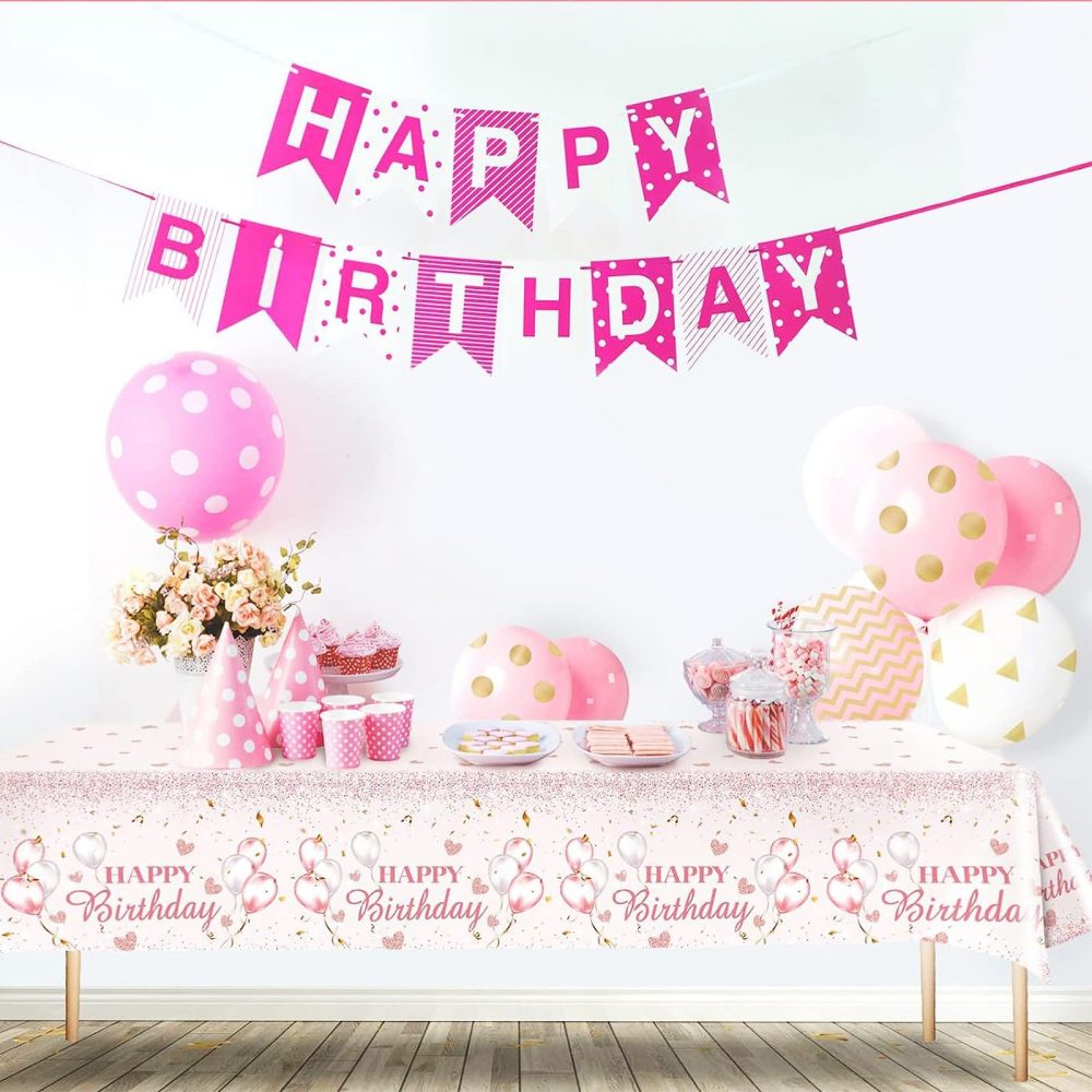 YAAVAAW 137 * 274cm Pink Happy Birthday TableCloth Tablecover for Girls Her Birthday Party,Pink Heart Birthday Dining Table Cover Plastic Tablecloths for Baby Girls Women Birthday Party Decorations - Image 5