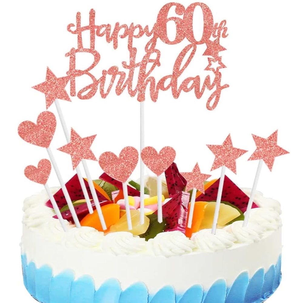 Happy Birthday Cake Topper, Happy Birthday Cupcake Topper for Women Girls Birthday Party Supplies(60th, 4 x 6 inch, Rose Gold)