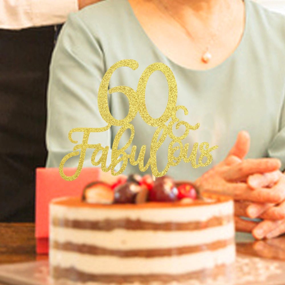 Gold Glittery 60 & Fabulous Birthday Cake Topper for 60th Birthday Party Decorations 60 Birthday Cake Decorations Supplies 3 Pack - Image 2