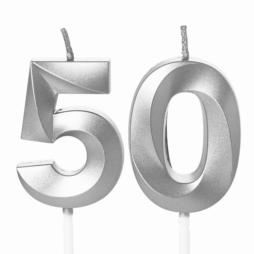 Silver 50th Birthday Candles Number 50 Candles for Birthday Cake, 50th Candles Silver 50 Birthday Candles for Cake, 50th Birthday Cake Candles Cake Toppers Decorations for 50 Year Old Women Men