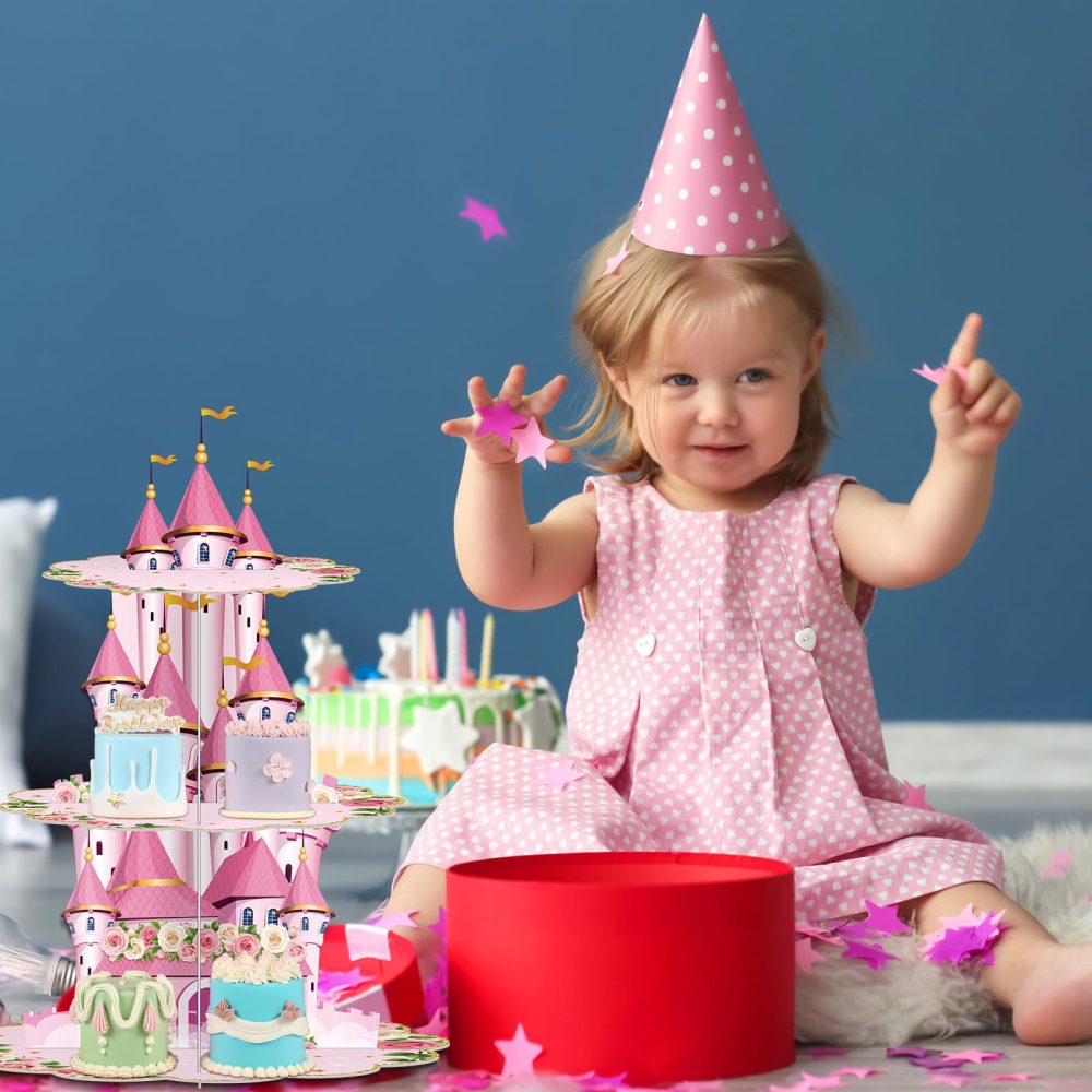 Zopeal 3 Tier Princess Birthday Cupcake Stand Party Decorations Floral Princess Cupcake Holder Pink Castle Crown Carriage Dessert Tower for Girls Birthday Princess Theme Baby Shower Party Supplies - Image 3