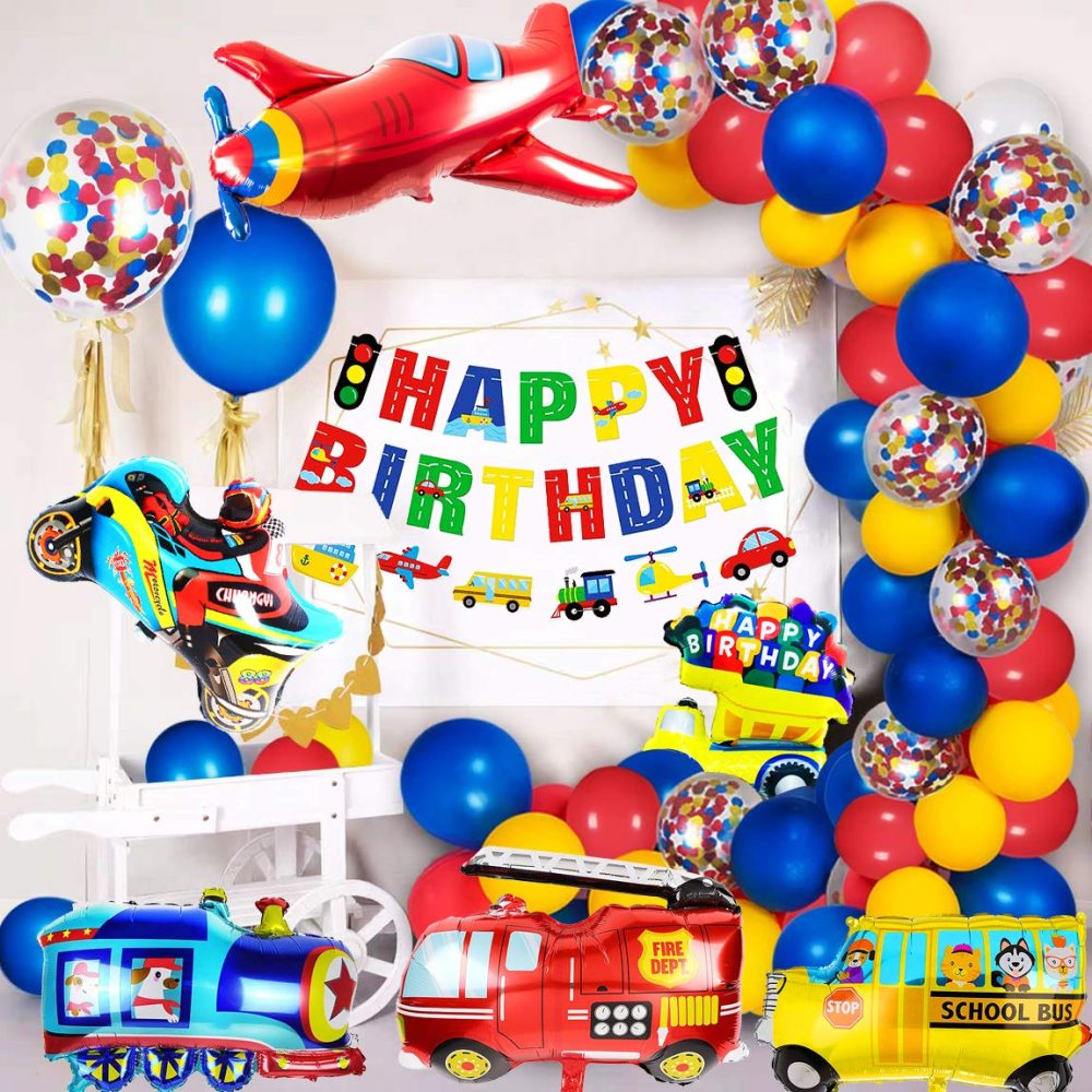 iZoeL Birthday Decoration for boys Happy Birthday Banner Cars School Bus Train Fire Truck Motorcycle Plane Balloons Transport Vehicles Cake Topper Kids 1st 2nd 3rd 4th - Image 6