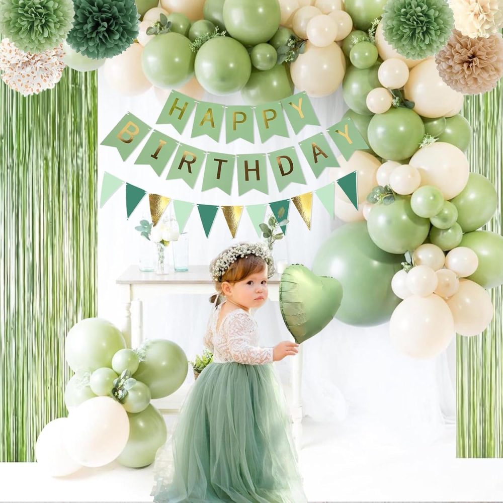 ZUXOLBIN Sage Green Birthday Party Decorations Jungle Olive Gold Green Balloons Happy Birthday Banner Fringe Curtain Background Cake Topper Neutral Birthday Decorations for Women Girls Boys Adults - Image 6