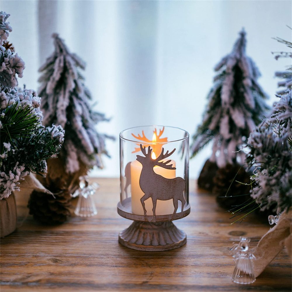 Sziqiqi Vintage Antique Metal Pillar Candle Holders Set of 2, Distressed Hurricane Candlestick Candle Holders Prefer Centerpieces for Christmas Table Mantle Fireplace Decoration, Deer - Image 9