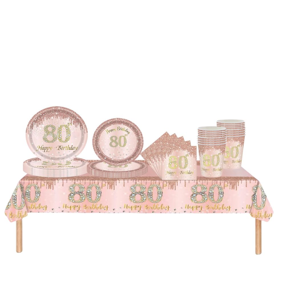 69pcs Rose Gold 80th Birthday Decorations,Happy 80th Birthday Tablecloth,Paper Plates,Napkins Serviettes and Cups Sets for 80th Birthday Table Decorations for Women,Men,Him,Her 80th Birthday Gifts