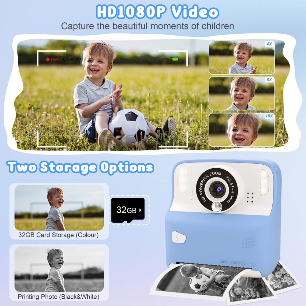 Instant Print Camera for Kids, Christmas Birthday for Age 3-12 Girls Boys Gifts, Children Selfie Camera Print Black&White Photo for 3 4 5 6 7 8 9 Year Old Toddler Toys with 32GB Card (Blue) - Image 6