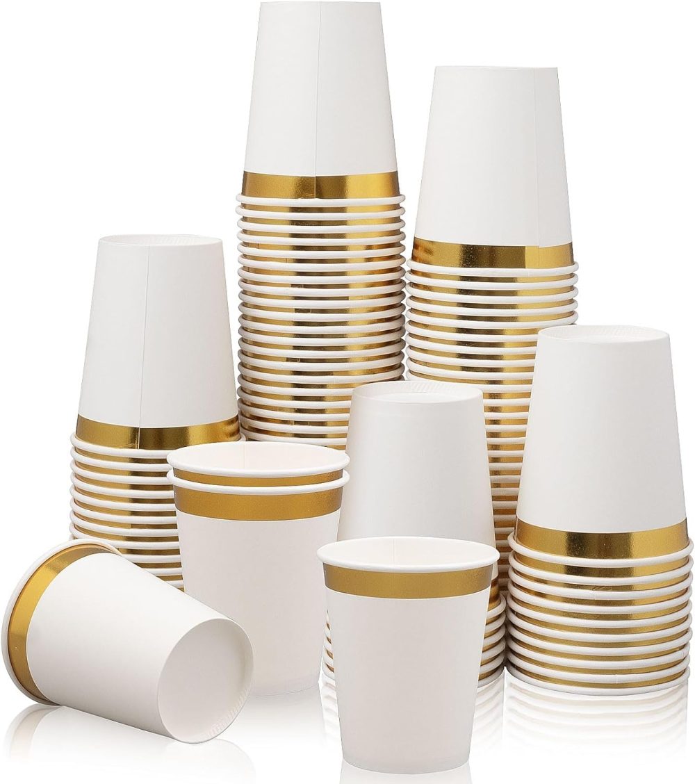 100 Pack Gold Rimmed Paper Cups, 9oz Disposable Paper Cups Bulk, Cold and Hot Drink Paper Cups for Tea Coffee Water Milk Juice Paper Cup Party Wedding Birthday Drinking Cup Party Tableware Supplies