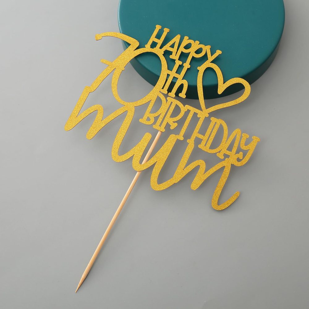 Happy 70th Birthday Mum Cake Topper - Mom Birthday Mother's Party Decorations Supplies， Gold Glitter 70th Birthday Cake Decoration - Image 3