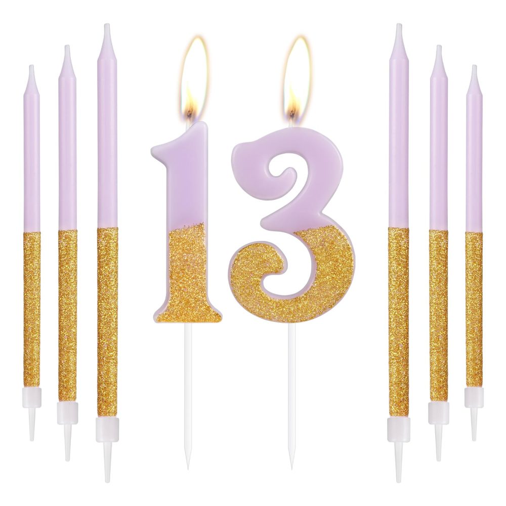 Gold Purple Birthday Candles, Gold Number 13 Candles with Long Candles, Purple Happy 13th Birthday Candles for Cake, Girls 13th Birthday Cake Decorations, Birthday Cake Toppers, Wedding Anniversary
