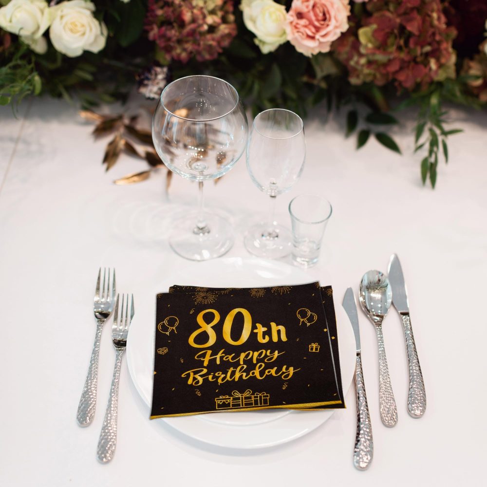 TOPWAYS Black Gold 80th Birthday Decorations Paper Napkins, 60pcs Disposable Paper Birthday Napkins Table Decoration for Women Men 80 Birthday Party Supplies Table Decoration, Birthday Tissue (80th) - Image 4