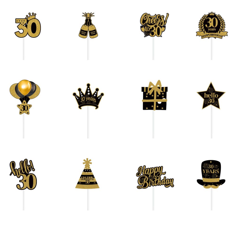 30th Birthday Cake Toppers for Women Men, Hello 30 Black Gold Cupcake Toppers Cheers to 30 Cake Decorations Food Picks Happy 30th Birthday Cake Toppers 30th Birthday Party Supplies (Pack of 12) - Image 4