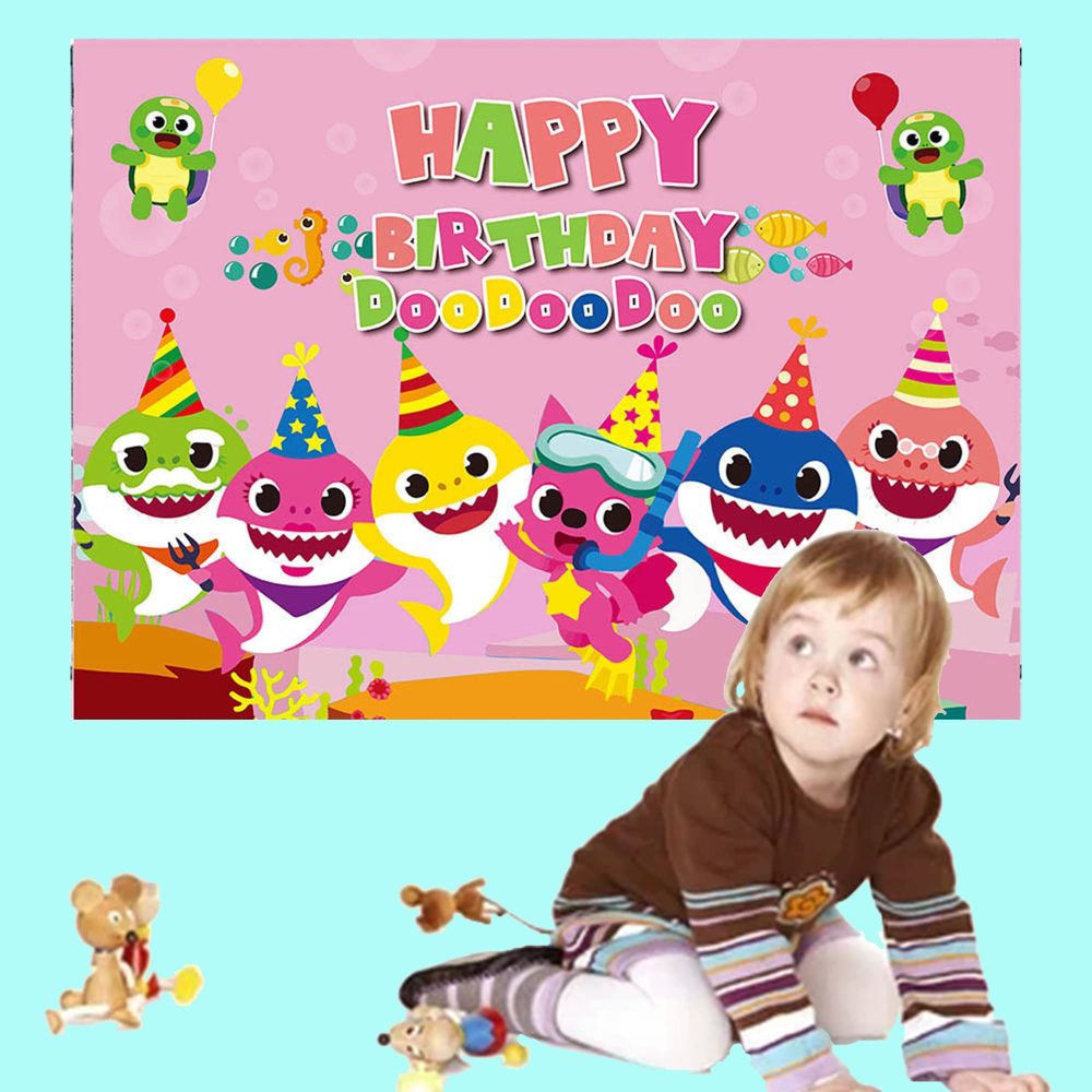 Baby Shark Photo Backdrop Happy Birthday Photography Background for Kids Shark Birthday Decoration - Image 3