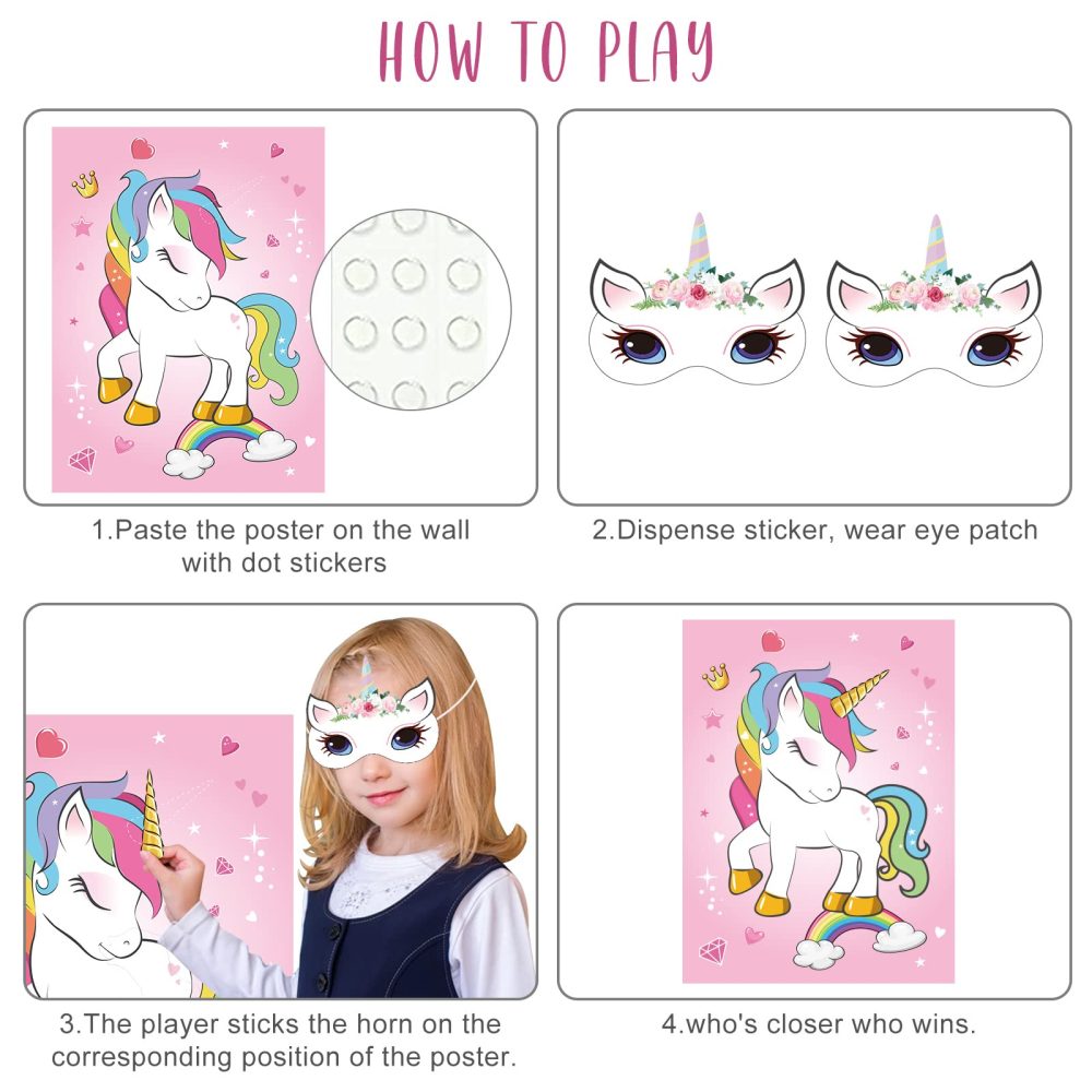 ASTARON Pin The Horn on The Unicorn Birthday Party Game with 30 Horns for Unicorn Party Supplies Favors Girls Rainbow Party Decorations, Pin The Tail Game for Christmas - Image 5