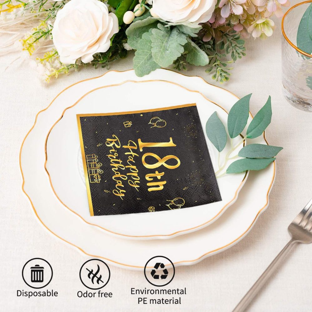 24 Pcs Birthday Napkins, Happy 18th Birthday Decorations Paper Tissues Black and Gold Birthday Napkins Glitter Disposable Party Napkins for Women,Men,Him,Her 18th Birthday Party Supplies Decoration - Image 4