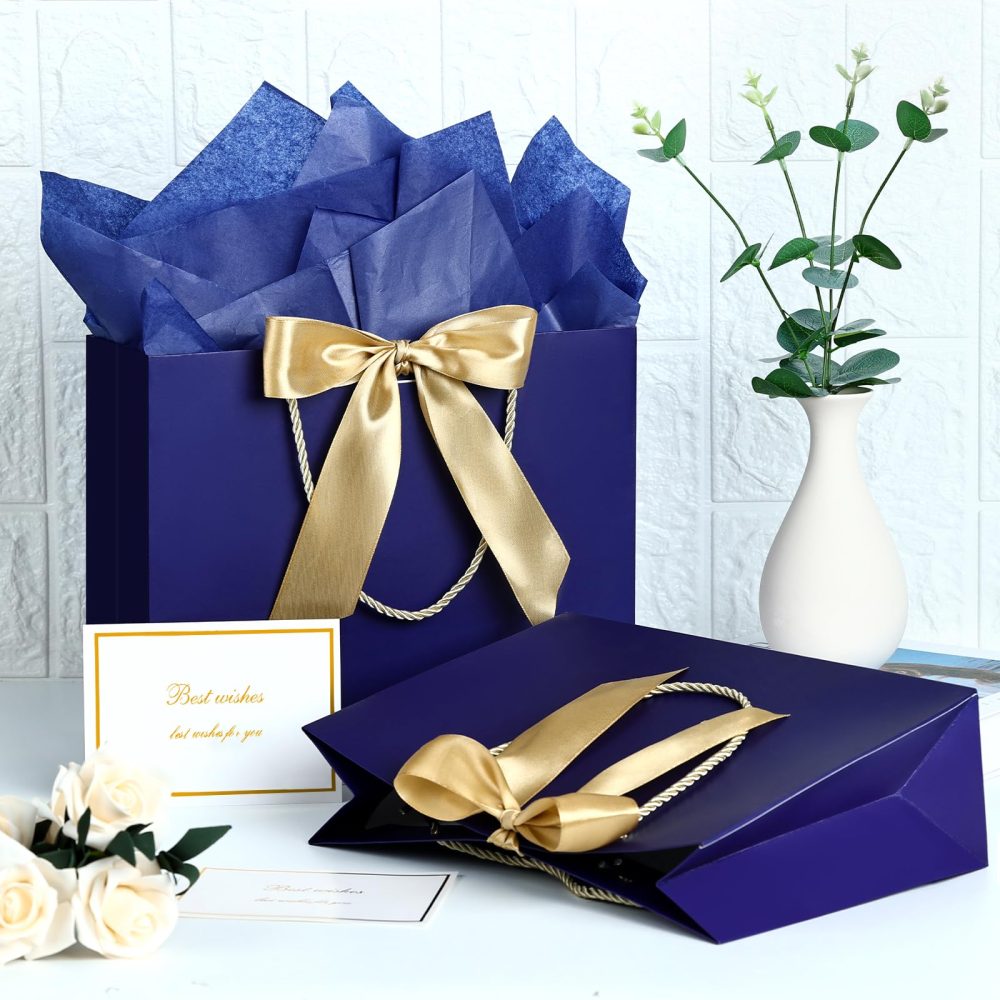 Gift Bags, Medium Gift Bags for Presents with Bow Ribbon, Present Bags with Handles 4 Tissue Papers and 2 Cards for Valentine's Day, Weddings, Birthday, Party, Celebration, Christmas(Blue 2Pcs) - Image 3