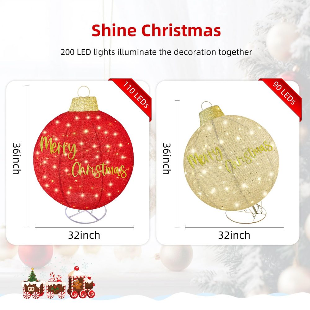 2pc Large Outdoor Christmas Ornament Set - HOYECHI Oversized Christmas Decorations Outside Pop-Up Balls, Light Up Large Balls Holiday Decor with 200 LED Lights,8 Light Functions - Red/Gold - Image 4