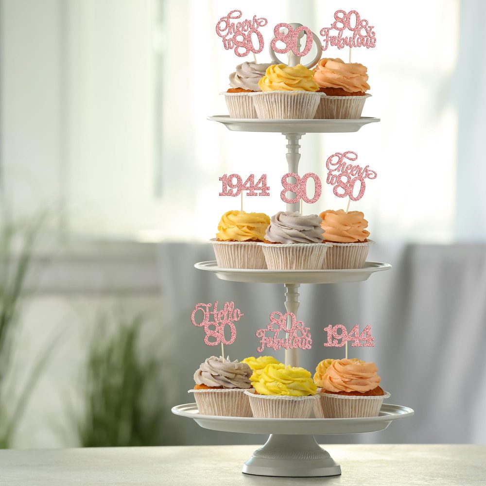 Gyufise 30Pcs 80th Birthday Cupcake Toppers 80 Fabulous Cupcake Picks Cheers to 80 1944 Cake Decorations for Happy 80th Birthday Wedding Anniversary Party Decoration Supplies Rose Gold - Image 5