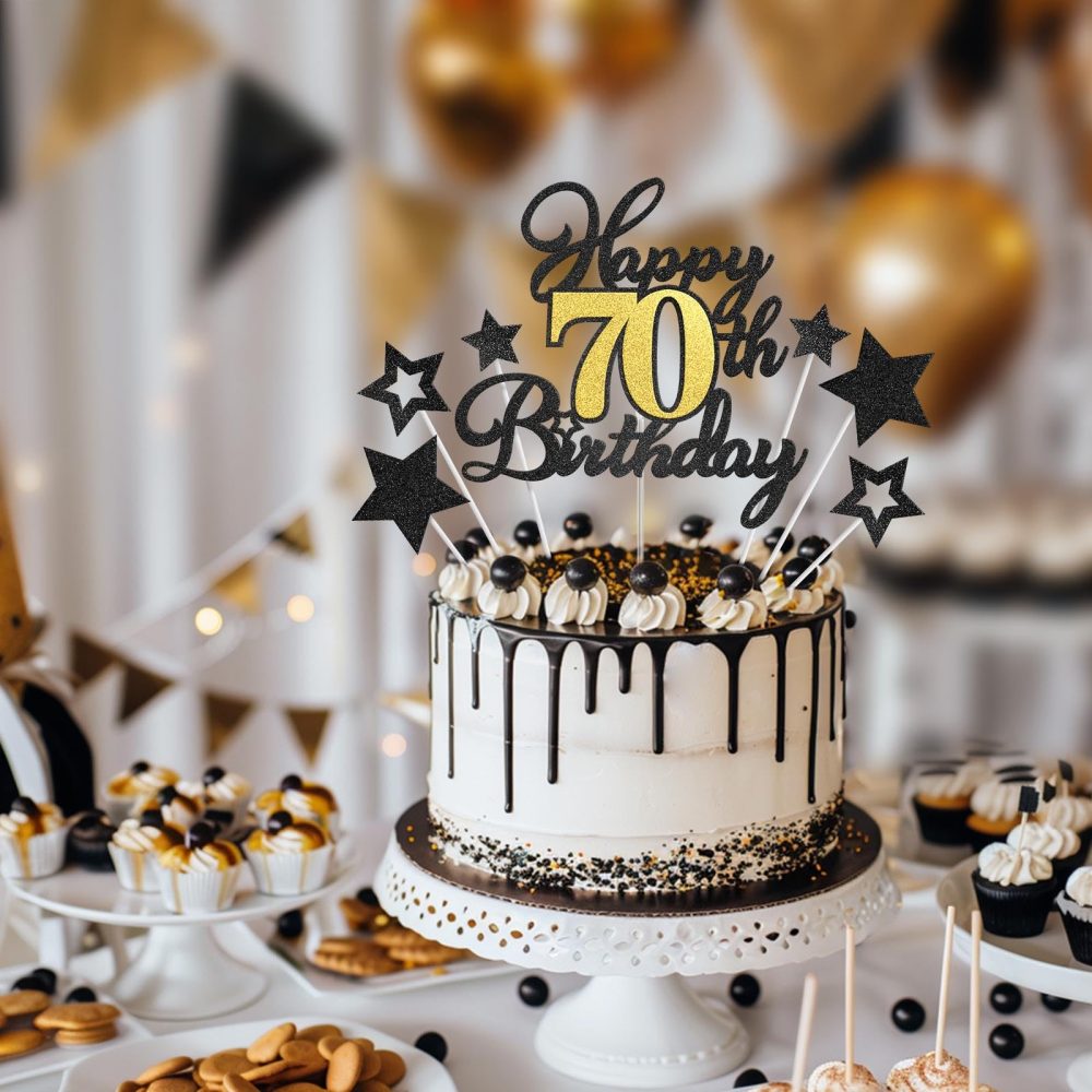 Happy Birthday Cake Topper 70, Seventy Birthday Decorations Black Gold Glitter 70th Birthday Cake Decor with Star Sticks Birthday Anniversary Party Supplies for Boys Girls Teens Men Women - Image 2