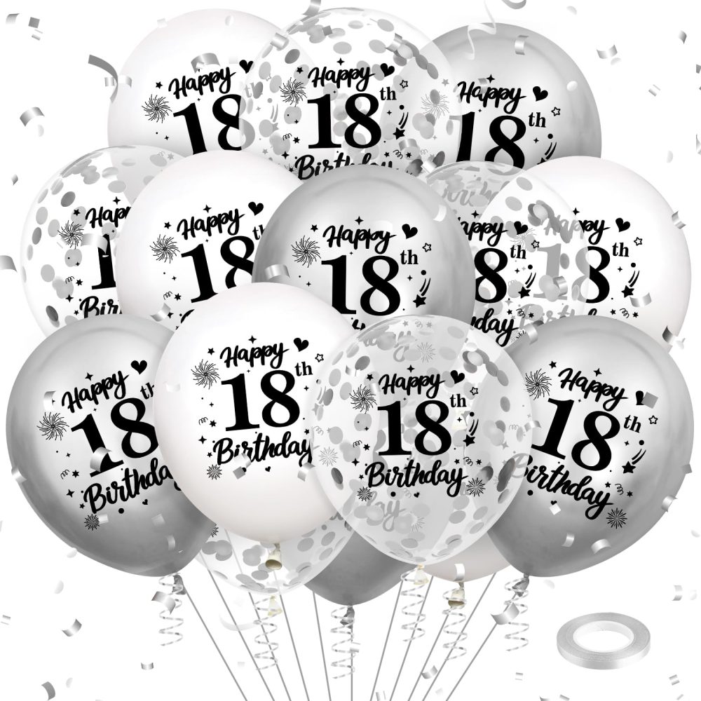 18th Birthday Balloons Decorations White Silver 18pcs Happy 18th Birthday Party Confetti Balloons Latex for Women Men Happy 18th Birthday Anniversary Party Supplies Decor 12 inches Indoor Outdoor