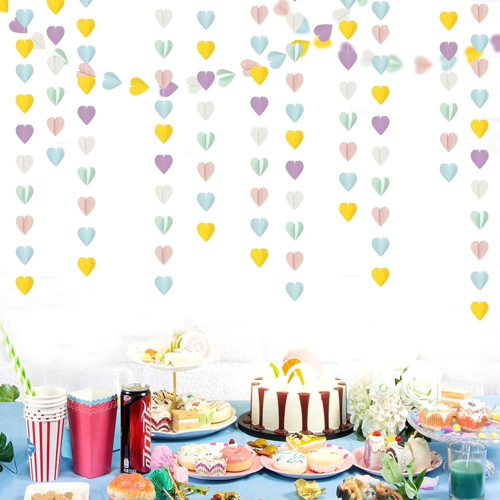 Pastel-Rainbow Party-Decorations 3D Heart Garland - 39Ft Yellow Blue Pink Purple Mint Hanging Paper Streamers Banner, Valentines Day Engagement Wedding Bachelorette Baby Bridal Shower Decor Lasting - Image 3