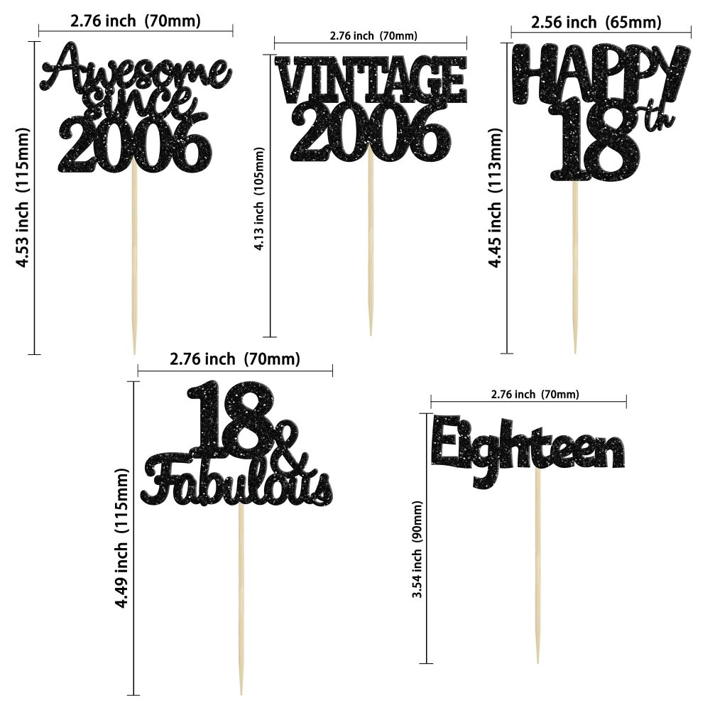 Gyufise 30Pcs Vintage 2006 Cupcake Toppers Glitter Eighteen Happy 18th Cupcake Picks Happy 18th Birthday Cake Decorations for Happy 18th Birthday Fabulous Anniversary Party Supplies Black - Image 7