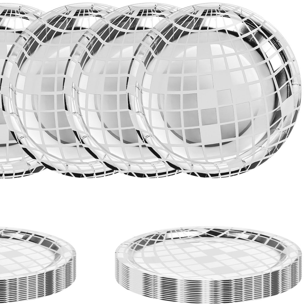 YUXIANLB 25Pcs Disposable Disco Ball Plates for 70s Disco Bachelorette Party Decoration Wedding Birthday Plate 7" (Silver) - Image 2