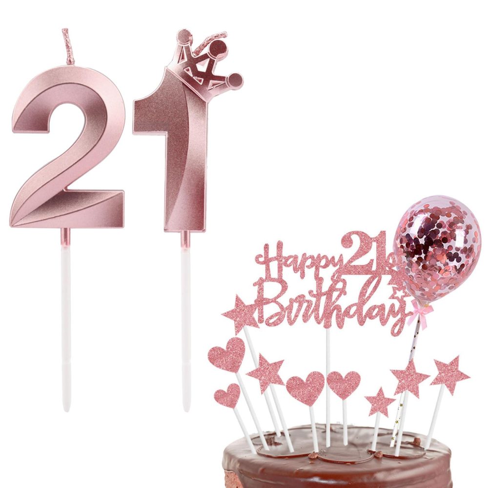 Bolosa 21th Birthday Candles Set, 21th Birthday Cake Topper, Number 21 Candle, 21th Birthday Decorations for Girls Boys Birthday Party Wedding Anniversary (Rose Gold, Number 21)