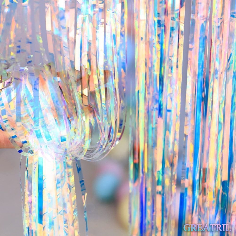 Iridescent Party Streamers Backdrop - GREATRIL Holographic Tinsel Foil Fringe Curtain for Mermaid/Disco Theme/Euphoria/Eras Party Decor, 1m x 2m, Pack of 2 - Image 2
