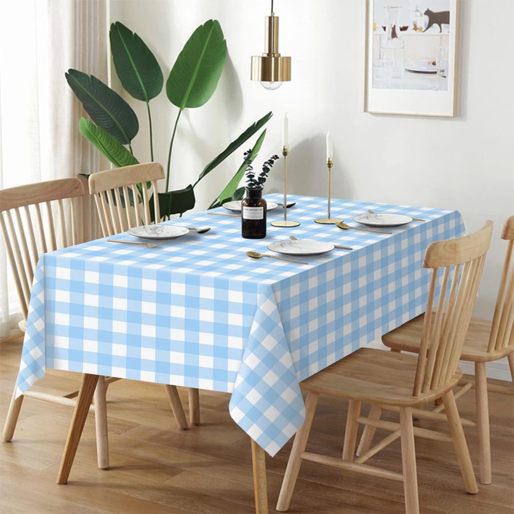 2pack Blue Gingham Checkered Table Cloth Party,137*274cm Wipe Clean Checkered PVC TableCloth Plaid Tablecloth Rectangular Light Blue Disposable Table Cover for Parties BBQ Picnic Birthday Wedding - Image 3