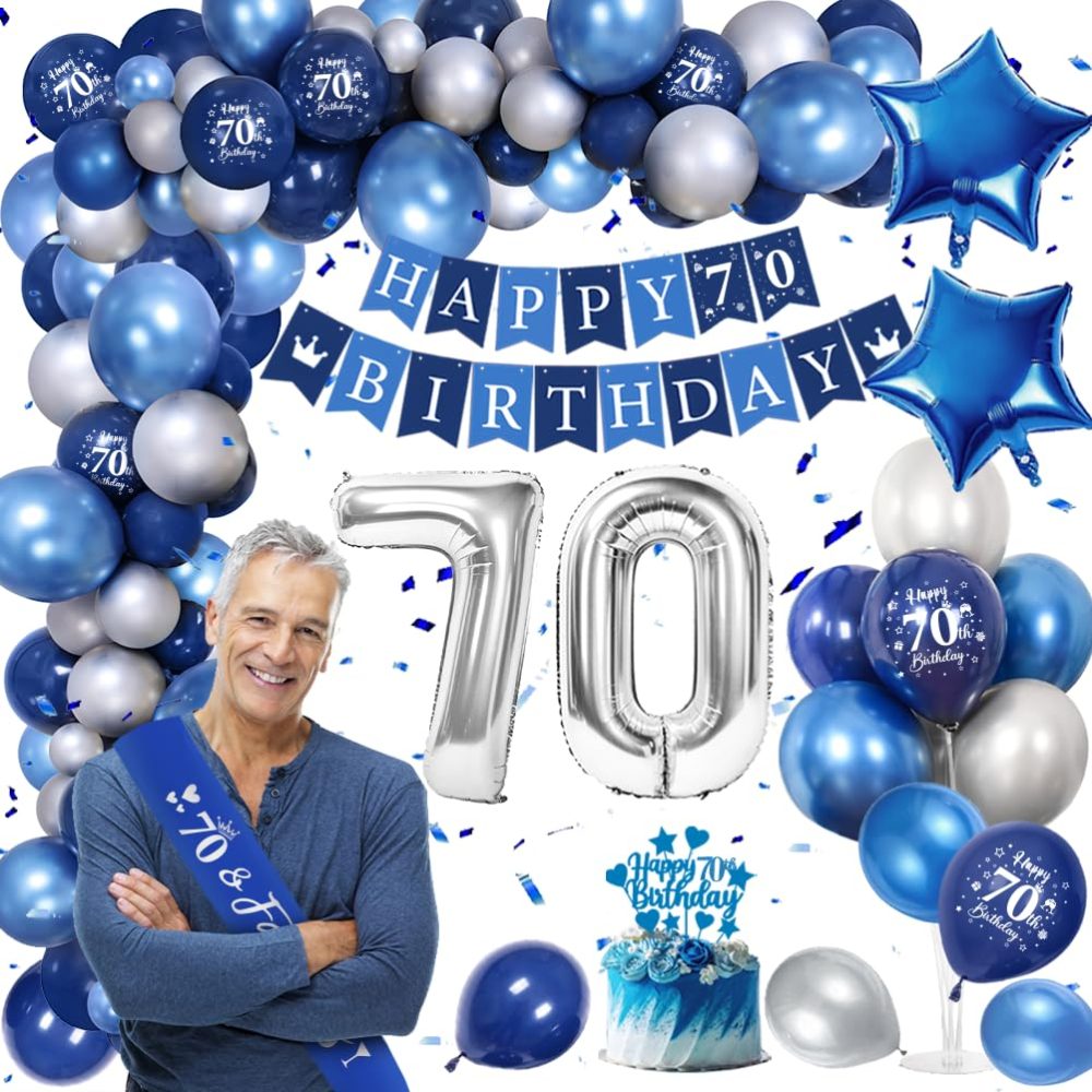 70th Birthday Party Decorations Men,Royal Blue Balloon Arch Kit with Happy Birthday Banner,Cake Topper,Tablecloth,Foil Confetti Balloon,Large Number 70 Balloon,Chrome Blue Silver Balloons - Image 3