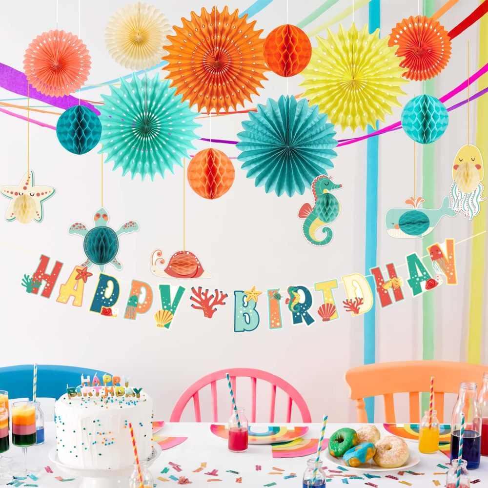 Under The Sea Party Decorations Happy Birthday Banner Paper Fans Ocean Sea Animal Honeycomb with Coral Starfish Sea Turtles Ocean Birthday Decorations Hanging Sea Creature Decoration for Party - Image 3