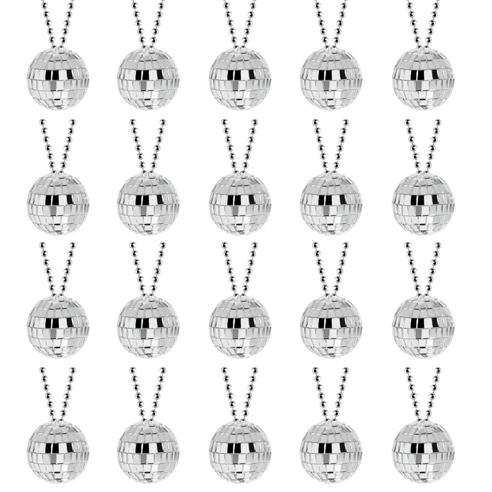 Feelfly 20 Pcs Mirror Disco Ball Necklaces, 70s Disco Party Necklaces Mini Disco Ball Necklaces Silver Disco Necklaces 70s Jewelry Disco Party Favor Decoration Costume Accessories for Dance Supplies