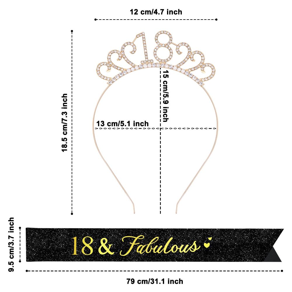 TOPWAYS 18th Birthday Sash and Tiara Set, Rose Gold 18 Glitter Crown Headband & Fabulous Sash Party Supplies 18th Birthday Gifts for Women Girls Her 18th Birthday Decorations (18 Fabulous, Gold Black) - Image 5