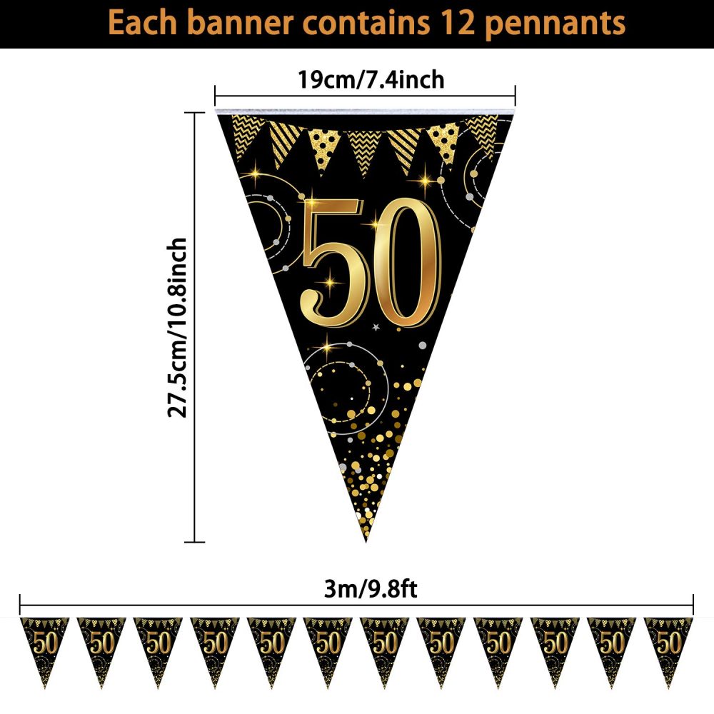Frienda Happy Birthday Banner Bunting Flags 5 Pieces Gold and Black Glitter Birthday Anniversary Party Decoration Supplies, 7.4 x 10.8 Inch (50th Birthday) - Image 7